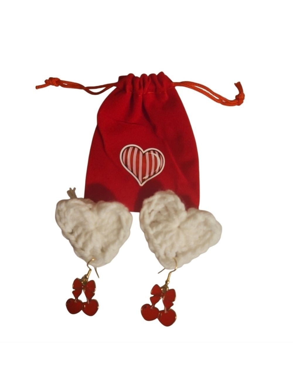 Handmade Artisan Elegant Red Cherry Earrings White Crochet Heart Red Bow - Picture 6 of 6